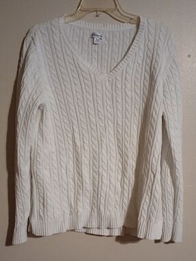 Croft & Barrow White 100% Cotton Cable-Knit V-Neck Sweater Size Large